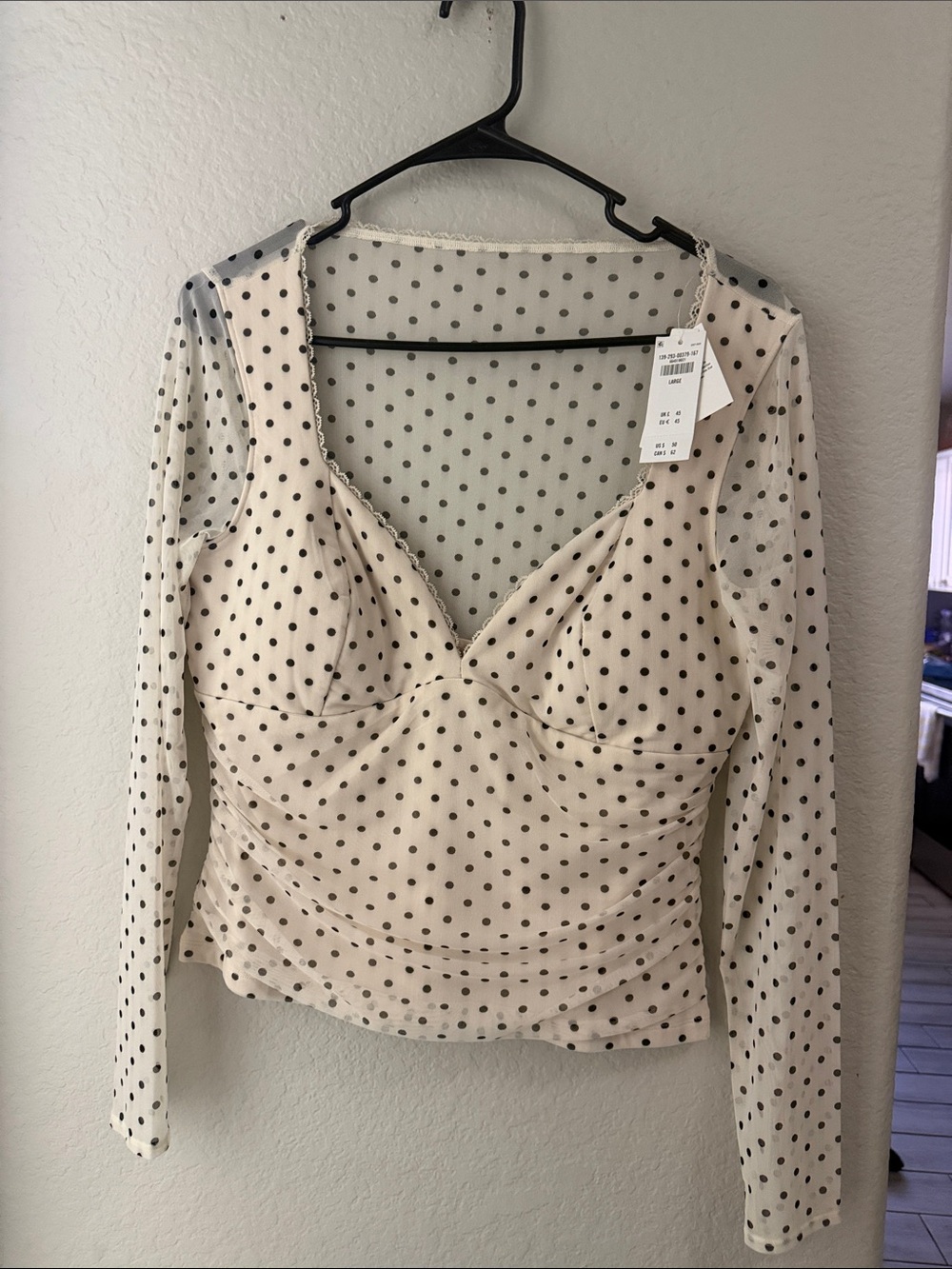 Abercrombie & Fitch Cream Mesh Long-Sleeve Top with Black Polka Dots